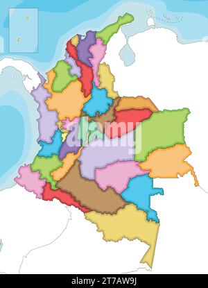 Vettoriale ha illustrato una mappa vuota della Colombia con dipartimenti, regioni della capitale e divisioni amministrative e paesi vicini. Modificabile e chiaro Illustrazione Vettoriale