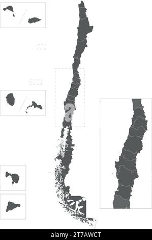 Mappa vettoriale vuota del Cile con regioni e territori e divisioni amministrative. Livelli modificabili e chiaramente etichettati. Illustrazione Vettoriale