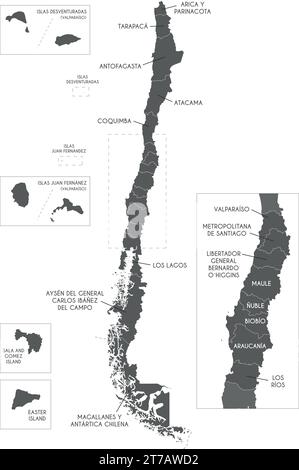 Mappa vettoriale del Cile con regioni e territori e divisioni amministrative. Livelli modificabili e chiaramente etichettati. Illustrazione Vettoriale