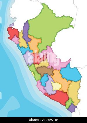 Vettoriale ha illustrato una mappa vuota del Perù con dipartimenti, province e divisioni amministrative e paesi vicini. Etichette chiare e modificabili Illustrazione Vettoriale