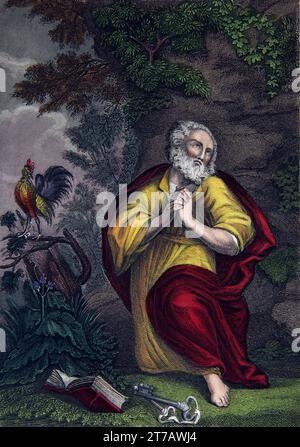 Illustrazione del pentimento di Pietro dopo l'arresto di Gesù Cristo Pietro negò di conoscerlo tre volte alla terza negazione di aver sentito il Corvo Gallo Foto Stock