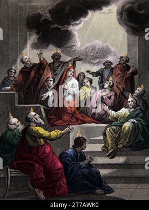 Illustrazione della discesa del Santo fantasma che mostra le lingue di fuoco sulla testa degli Apostoli (atti II.3) dalla Bibbia di famiglia autointerpretante Foto Stock