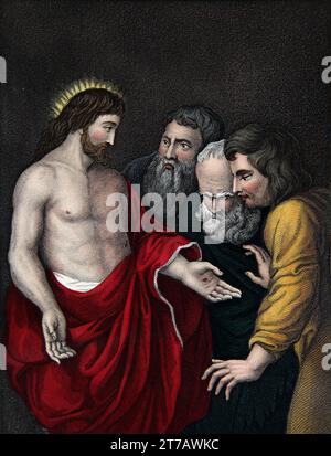 Illustrazione dell'credulità di Tommaso della Resurrezione di Gesù Cristo (JohnXX.27) dalla Bibbia di famiglia Auto-interpretante Foto Stock