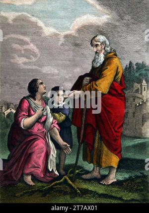Illlustrazione di Elia che arriva alla porta della città chiedendo alla vedova Un vascello d'acqua (Re) dalla Bibbia di famiglia auto-interpretante Foto Stock