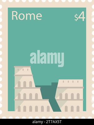 Francobollo postale con il COLOSSEO, famoso punto di riferimento di ROMA, ITALIA Illustrazione Vettoriale