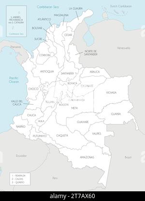 Mappa vettoriale della Colombia con i dipartimenti, la regione capitale e le divisioni amministrative e i paesi vicini. Livelli modificabili e chiaramente etichettati. Illustrazione Vettoriale