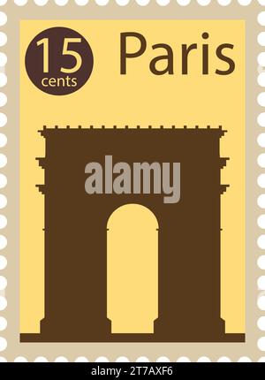 Francobollo postale con ARC DE TRIOMPHE, famoso simbolo di PARIGI, IN FRANCIA Illustrazione Vettoriale