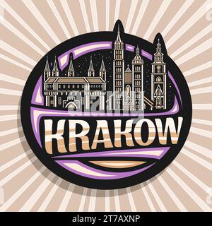 Logo vettoriale per Cracovia, etichetta decorativa con illustrazione del famoso paesaggio cittadino europeo di cracovia sullo sfondo del cielo notturno, frigorifero art design Illustrazione Vettoriale