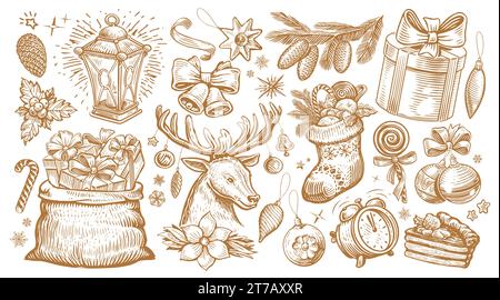 Concetto di Natale. Set di illustrazioni vettoriali disegnate a mano in stile retrò, per il design delle vacanze Illustrazione Vettoriale