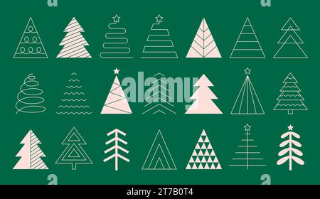 Set di alberi di Natale minimalisti astratti in stile piatto e lineare. Delineare i simboli di Natale geometrici. Illustrazione vettoriale Illustrazione Vettoriale