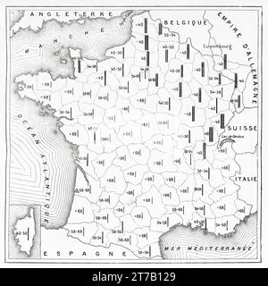 Mappa della distribuzione dell'altezza in Francia alla fine del XIX secolo. Vecchia illustrazione di la Nature 1887 Foto Stock