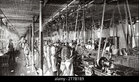 Workshop per la produzione di orologi presso la fabbrica di Waltham, Stati Uniti. Vecchia illustrazione di la Nature 1887 Foto Stock