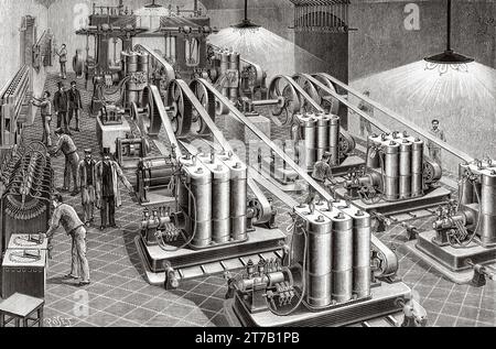 Generatori di dinamo Edison da 500 e 1000 lampade installate nelle grotte del Teatro dell'Opera di Parigi, Francia. Vecchia illustrazione di Louis Poyet (1846-1913) da la Nature 1887 Foto Stock