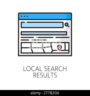Risultati della ricerca locale. Icona SERP. Pagina dei risultati del motore di ricerca. Ottimizzazione dei dati Internet, analisi SERP o ricerca SEO delineano l'icona del vettore, il simbolo o la riga di classificazione dei contenuti Web con mappa di navigazione Illustrazione Vettoriale