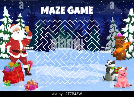 Foglio di lavoro labirinto di Natale per attività per bambini. Gioco da tavolo vettoriale con il cartone animato Babbo Natale in cerca di un modo per raggiungere i suoi amici animali nel bosco notturno. Gioco da tavolo con personaggi, percorso aggrovigliato, inizio o fine Illustrazione Vettoriale