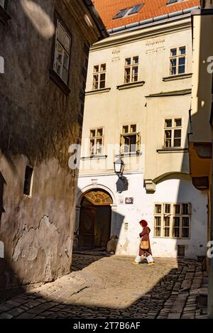 Bratislava, Slovacchia. 2 ottobre 2023 bellissime case e strette stradine acciottolate solo pedonali della città vecchia di Bratislava, Slovacchia. Foto Stock