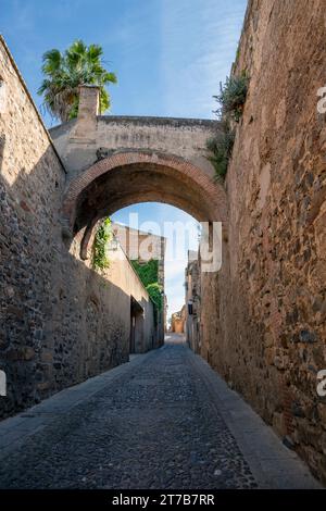 Europa, Spagna, Estremadura, Cáceres, Calle Adarve de la Estrella con l'antico arco in mattoni Foto Stock