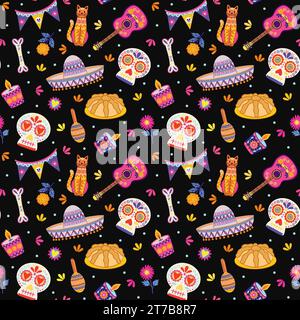 Day of the Dead dia de los Muertos Elements con design Black Seamless Pattern Foto Stock