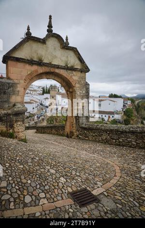 Sentiero in pietra fiancheggiato da un cancello ornato che conduce a un maestoso castello situato tra cieli nuvolosi Foto Stock