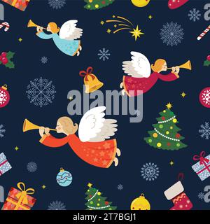 motivo natalizio con angelo ed elementi natalizi vettoriali Illustrazione Vettoriale