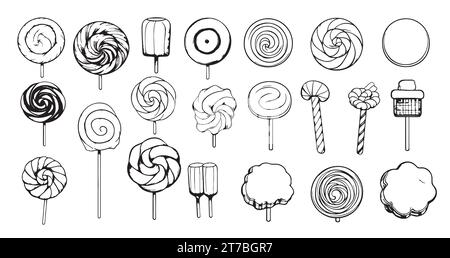 Set di vari doodles, dolci semplici e ruvidi disegnati a mano e bozzetti di caramelle. Illustrazione vettoriale isolata su sfondo bianco Illustrazione Vettoriale
