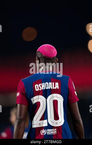 Sant Joan Despi, Spagna, 14 novembre 2023. Spagna-calcio-donne Champions League-gruppo A-FC Barcelona contro SL Benfica. (20) Oshoala. Crediti: Joan Gosa/Alamy Live News Foto Stock