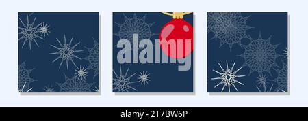 Modelli di post invernali quadrati per i social network. La palla di Natale fiocchi di neve su sfondo scuro. Tema natalizio invernale. Design banner. Illustrazione vettoriale. Illustrazione Vettoriale
