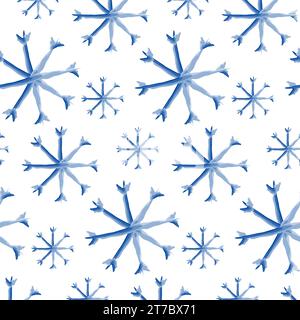 Motivo senza cuciture di fiocchi di neve disegnati a mano in blu trendy. Concetto di design per la confezione o lo sfondo. Isolare. EPS. Vettore per poster, banner, messaggi di saluto Illustrazione Vettoriale