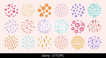 Forme grunge astratte dipingono insieme oggetti scarabocchi. Motivi di colore della curva di tracciatura a inchiostro disegnati a mano. Tracciatori di tendenza, linee di schizzo curve texture. Illustrazione vettoriale isolata creativa per ornamenti per bambini Illustrazione Vettoriale