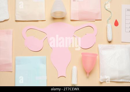 Composizione con utero di carta e diversi prodotti per l'igiene femminile su sfondo colorato Foto Stock