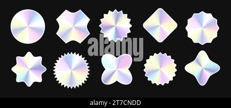 Set di adesivi olografici. Raccolta di etichette olografiche. Set di elementi in lamina d'argento lucido per emblemi, etichette, badge, modelli, collage, poster, striscioni. Pacchetto illustrativo vettoriale Illustrazione Vettoriale