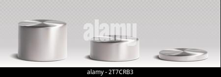 Podi metallici per prodotti cilindrici di diversa altezza. Serie di illustrazioni vettoriali 3D realistiche di supporti rotondi in metallo grigio per la visualizzazione di merci. Mockup geometrico con piattaforma a colonna per premiare il vincitore Illustrazione Vettoriale