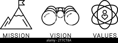 Mission, Vision e Values icone lineari per il tuo progetto, modello di pagina Web Illustrazione Vettoriale