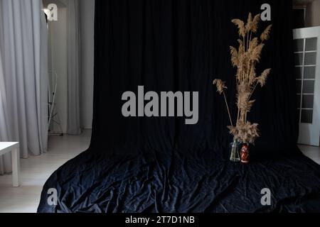 Interni di studio fotografico con fiori e tessuto nero Foto Stock