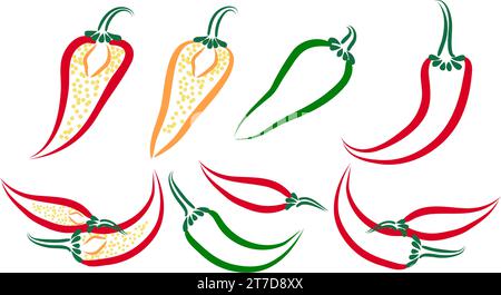 Set di peperoncini piccanti. Delinea i simboli del peperoncino piccante caldo. Spezie e condimenti alimentari messicani tradizionali. Serie di icone vettoriali. Vect Illustrazione Vettoriale