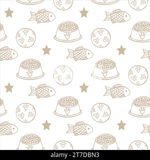 Sfondo con una ciotola piena di cibo secco e giocattoli per animali domestici. Motivo senza cuciture con articoli per cani e gatti, disegnati a mano in stile doodle. Illustrazione vettoriale. Illustrazione Vettoriale