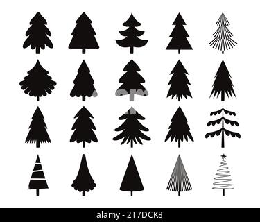 Icone dell'albero di natale nero. Stampa senza cuciture di alberi da vacanza invernali con ornamenti, fiocchi di neve e regali. Sfondo monocromatico vettoriale Illustrazione Vettoriale