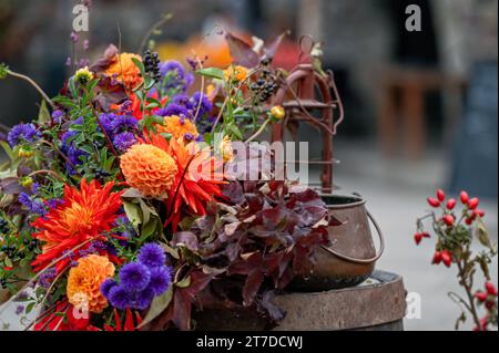 Mazzi colorati di fiori autunnali su sfondo sfocato con spazio libero per il testo Foto Stock