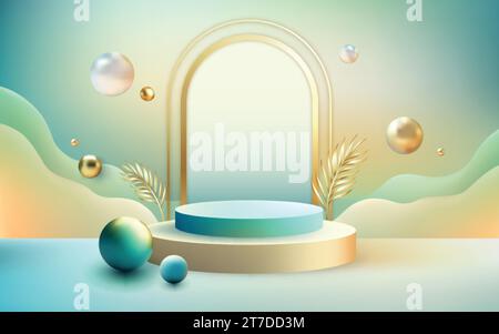 Podio a piedistallo 3D realistico con foglie dorate, perle e arco sullo sfondo. Scena a cerchio vuoto per la presentazione o il mockup del prodotto. Vetrina cosmetica su sfondo sfumato. Illustrazione Vettoriale