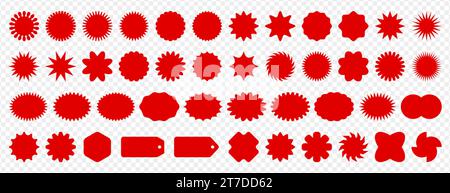Set di badge promozionali Starburst. Adesivi con prezzo rosso, etichette promozionali Sunburst, sconti vintage o offerte speciali. Etichetta di vendita vuota, icone Sunburst. Elementi di design, badge vuoti su sfondo bianco. Illustrazione Vettoriale