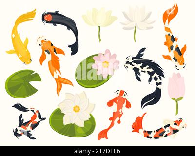 Pesce Koi e loto. Esotici animali acquatici asiatici che nuotano nel laghetto dei fiori di loto, tradizionali simboli buddisti cinesi. Insieme isolato dal vettore Illustrazione Vettoriale