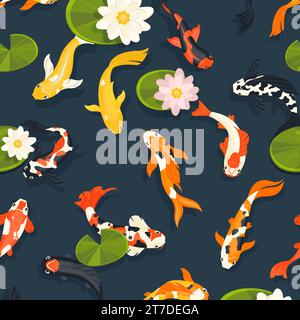 Schema dei pesci Koi. Stampa senza cuciture di pesci koi cinesi che nuotano nello stagno, ornamenti di animali asiatici tradizionali per carta da parati in tessuto. Trama vettoriale Illustrazione Vettoriale