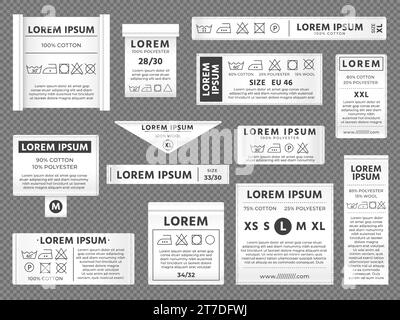 Etichette per bucato. Asciugatura delle etichette di pulizia con istruzioni per il lavaggio e la stiratura, stemmi con filo di cotone per indumenti. Insieme di vettori Illustrazione Vettoriale