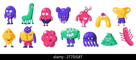 Simpatici mostri astratti. Doodle Funny forma personaggi alieni con emozioni diverse, figure con volti carini. Set di mostri vettoriali infantili Illustrazione Vettoriale