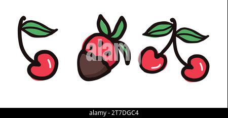 Illustrazioni a vettoriale di dolciumi, frutta, ciliegia e fragole. Illustrazione vettoriale colorata disegnata a mano isolata su b bianco Illustrazione Vettoriale