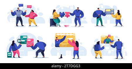 I personaggi astratti del lavoro di squadra. Persone aziendali che lavorano insieme su progetti, team building e concept di collaborazione di gruppo. Insieme di vettori Illustrazione Vettoriale