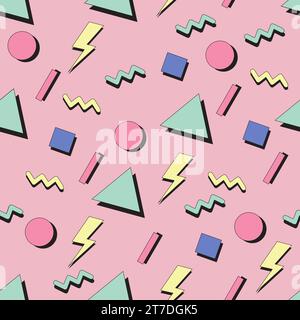 grafica vettoriale con pattern senza cuciture del 1990. Design dello sfondo decorativo. Grafica tessile in stile retrò. Grafica geometrica astratta colorata. Illustrazione Vettoriale