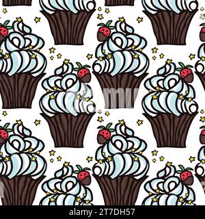 Dolce motivo senza cuciture con dessert. Muffin, budino, torta con fragole. Illustrazione vettoriale disegnata a mano per la progettazione di superfici, tessili Illustrazione Vettoriale