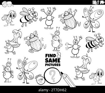 Illustrazione di cartoni animati che mostra come trovare due immagini stesse attività didattica con la pagina di colorazione dei personaggi degli insetti Illustrazione Vettoriale