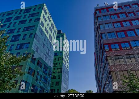 Questa immagine presenta uno splendido skyline di grattacieli moderni illuminati da una vibrante gamma di colori, tra cui verde, rosso e nero Foto Stock